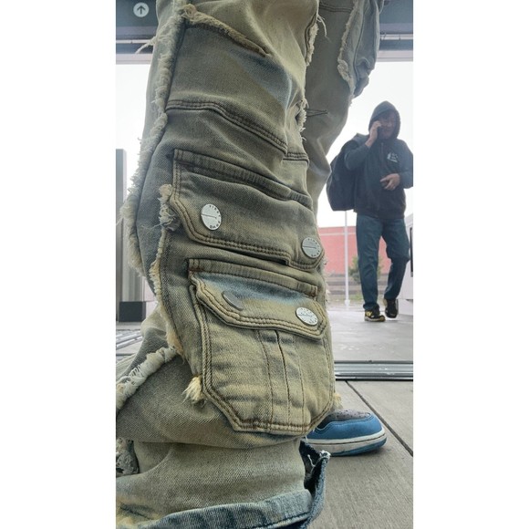 Men Stacked Jeans Multi Cargo Pockets Denim Pants on - Picture 12 of 14